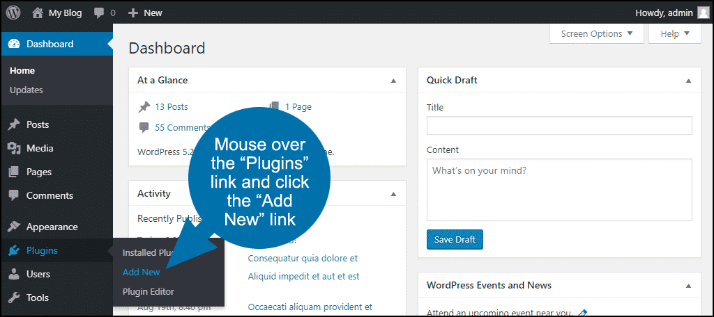 pase el mouse sobre el enlace "Complementos" y haga clic en el enlace "Agregar nuevo"
