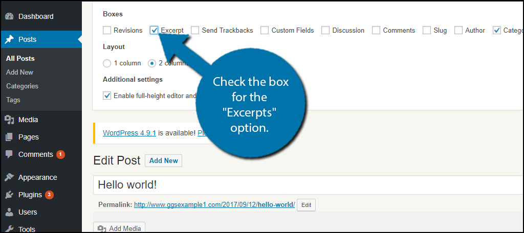 Marque la casilla de la opción "Extractos" para agregar un extracto o leer más etiquetas en WordPress