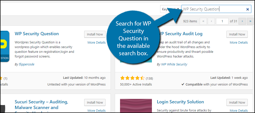 Busque Pregunta de seguridad de WP en el cuadro de búsqueda disponible.