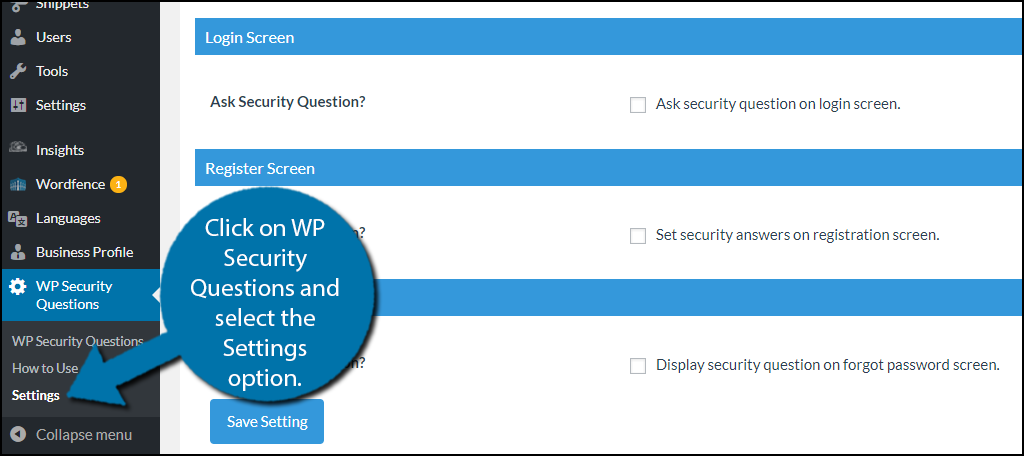 haga clic en Preguntas de seguridad de WP y seleccione la opción Configuración.